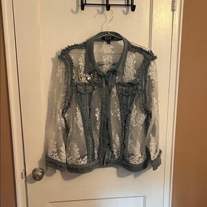 Sheer Lace-Embellished Denim Jacket - Light Blue